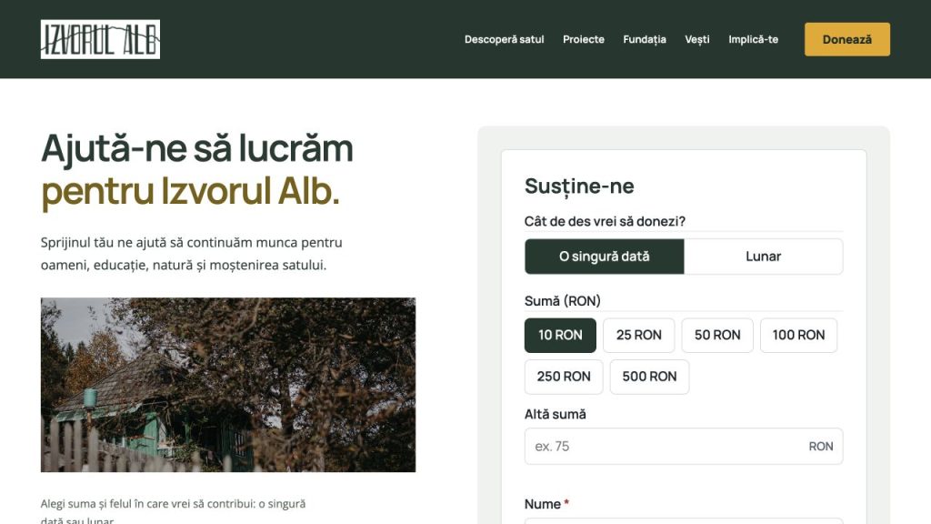 Formularul de donații cu opțiuni pentru donație unică sau lunară